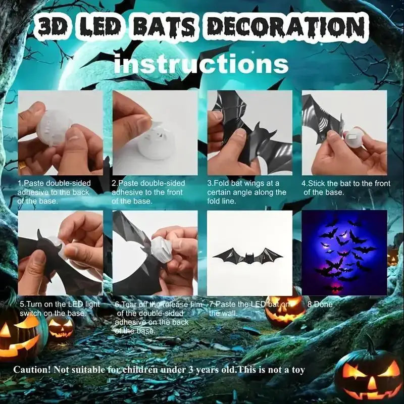 LED Halloween Bat Wall Lights - Glowing 3D Bat Decorations